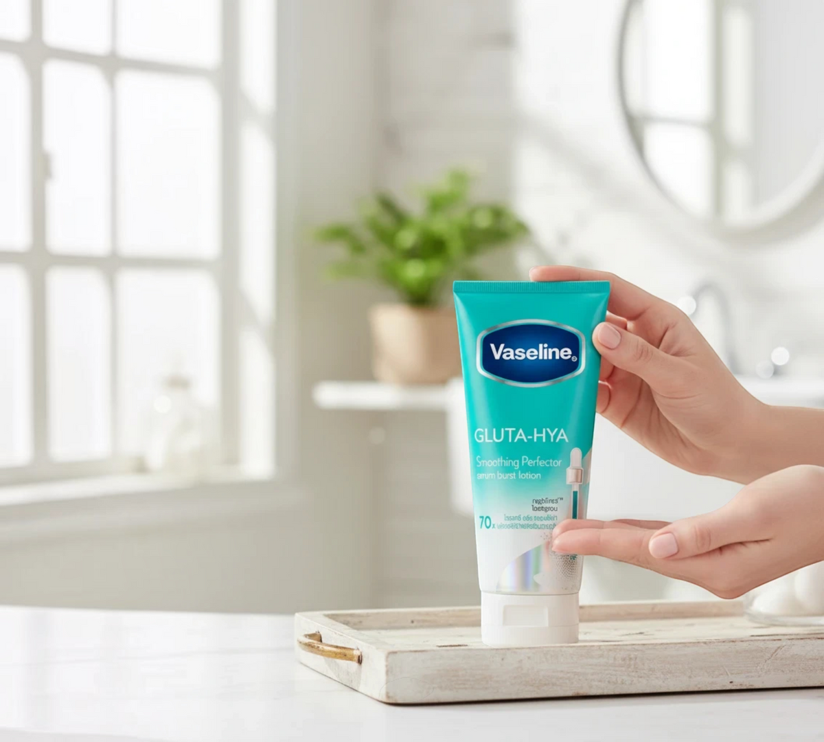 Thai Ranee Vaseline Gluta-Hya Smoothing Perfector serum burst lotion in a teal tube held by hands in a bright room.
