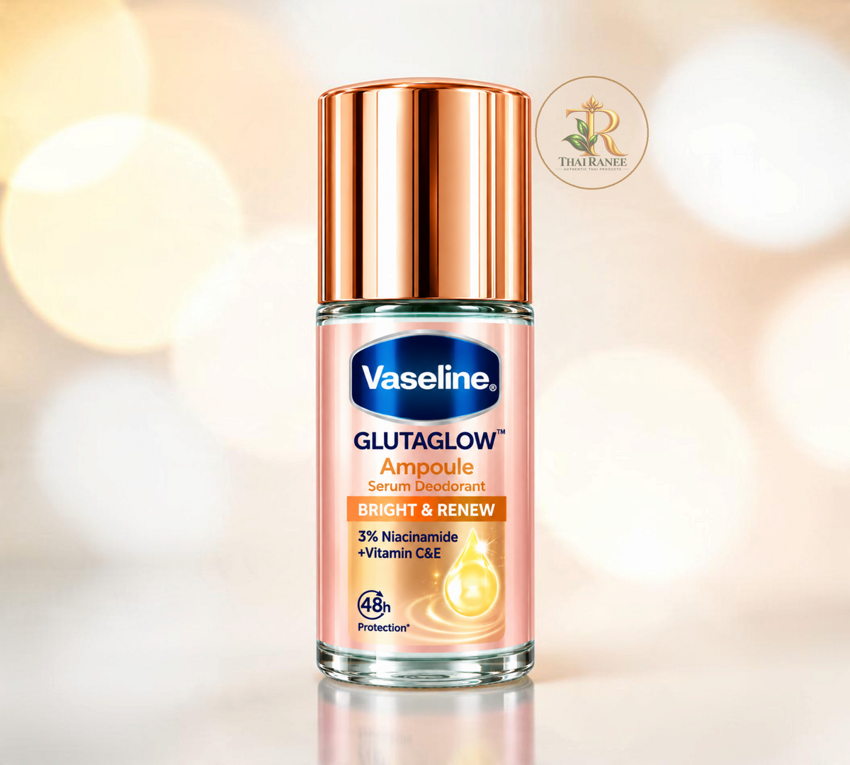 Thai Ranee Vaseline GlutaGlow Ampoule Serum Deodorant roll-on for underarm brightening and 48-hour protection.