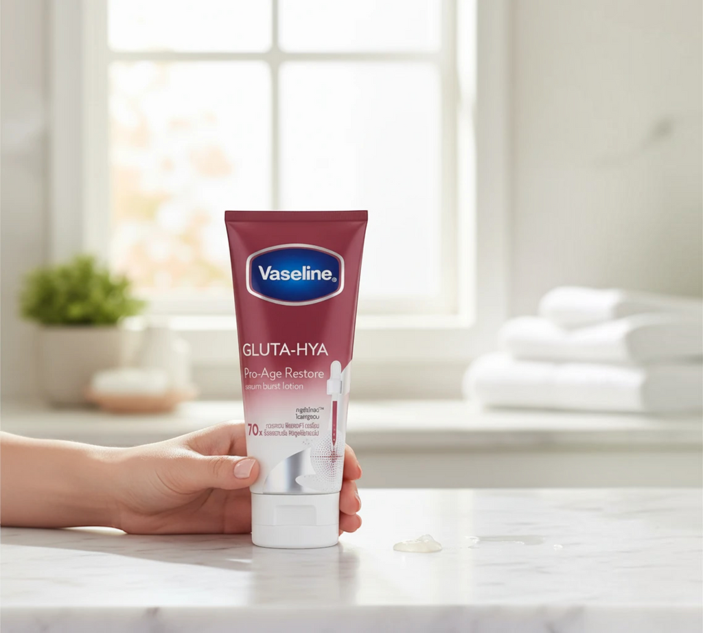Thai Ranee Vaseline Gluta-Hya Pro-Age Restore serum burst lotion in a burgundy tube held by a hand on a marble table.