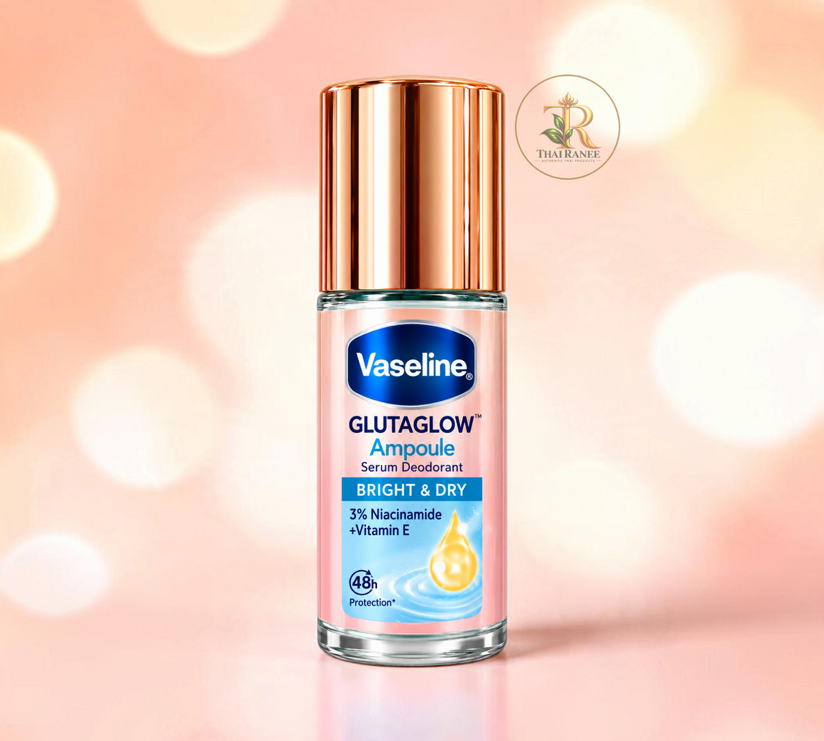 Thai Ranee Vaseline GlutaGlow Ampoule Serum Deodorant roll-on with niacinamide and Vitamin E for underarm brightening