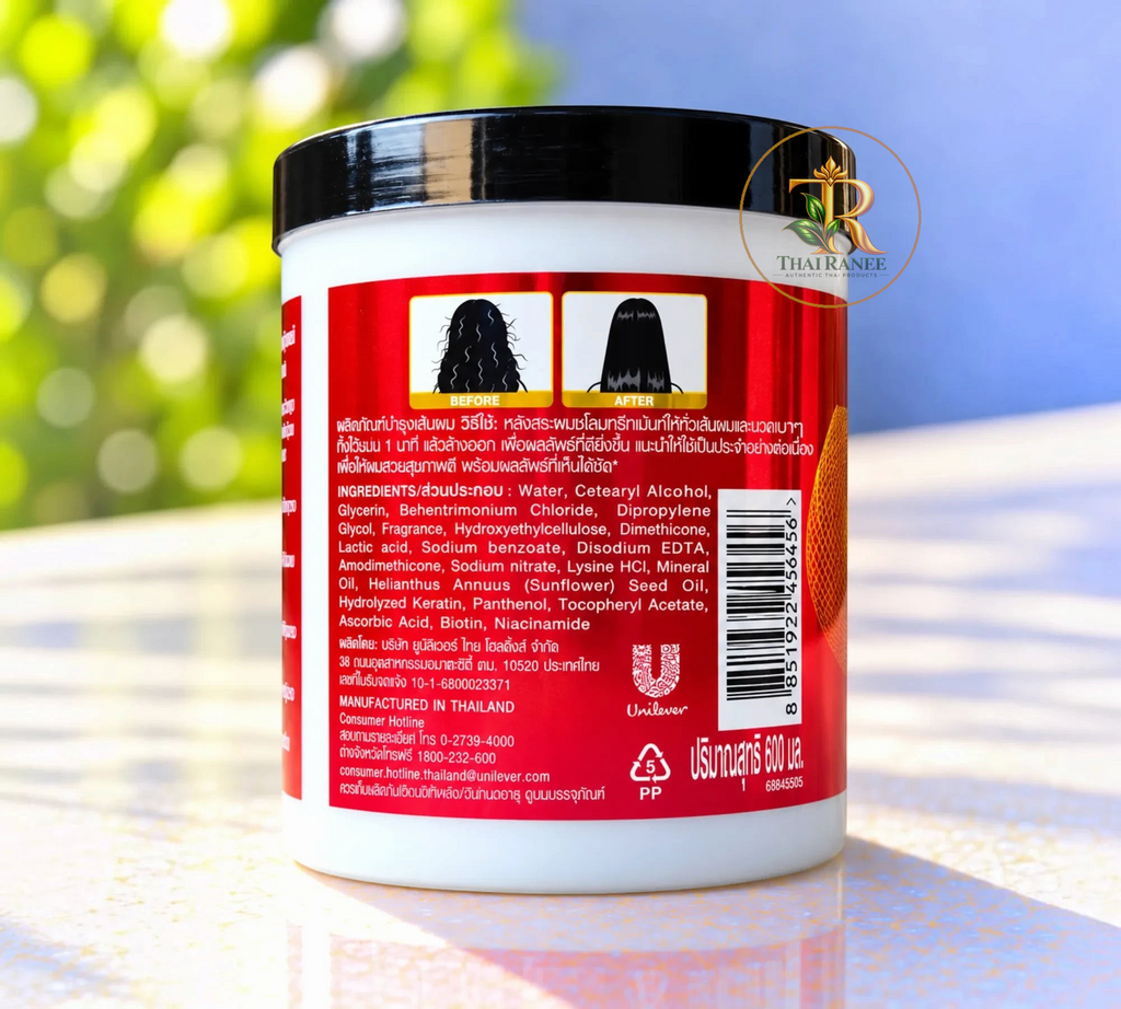 Thai Ranee Vita-Keratin Salon Daily Hair Treatment jar back view showing ingredients and before-after hair results