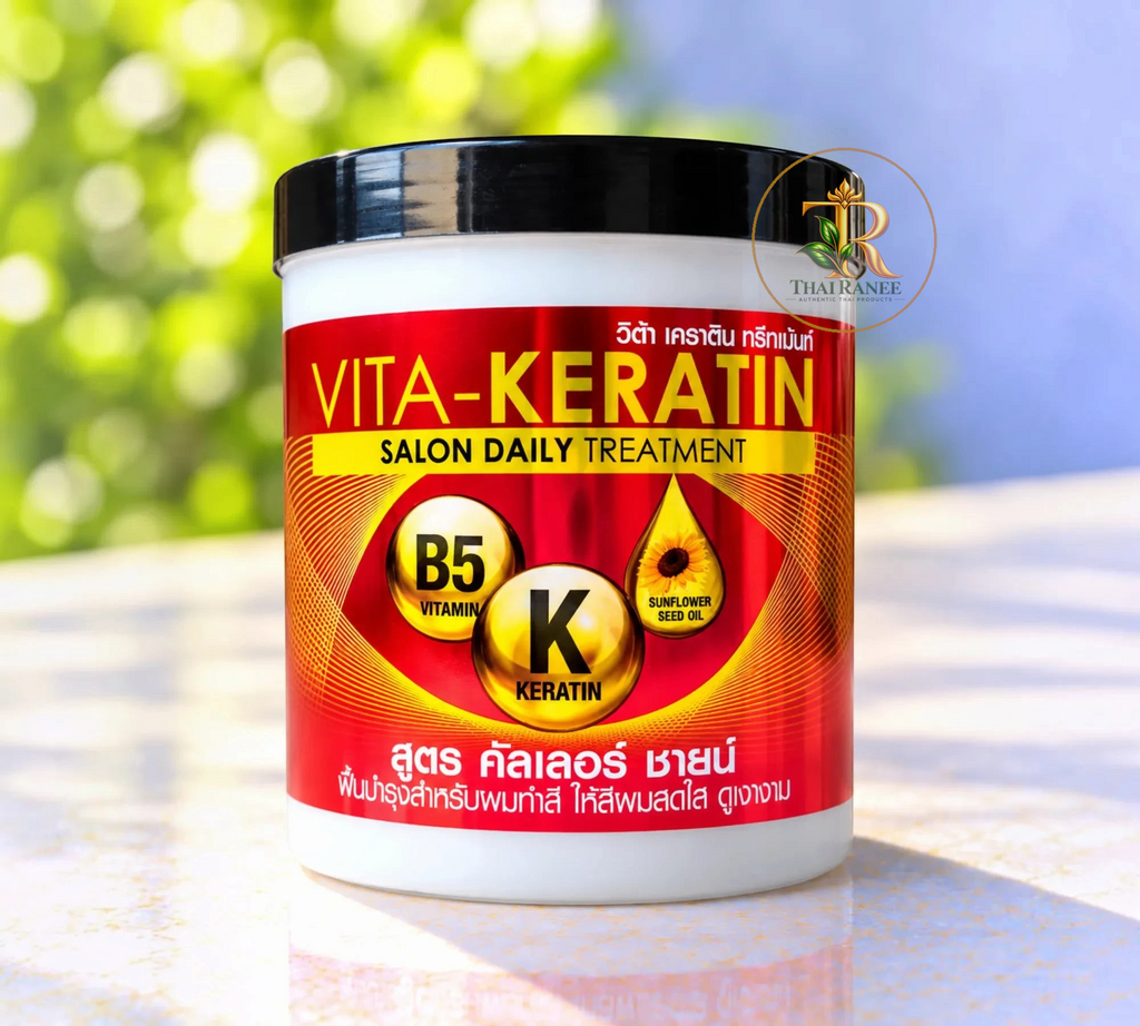 Thai Ranee Vita-Keratin Salon Daily Hair Treatment jar for color-treated hair with Vitamin B5 and sunflower seed oil