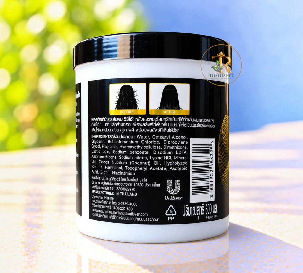 Thai Ranee Vita-Keratin Salon Daily Hair Treatment 600ml tub back label with ingredients and usage instructions