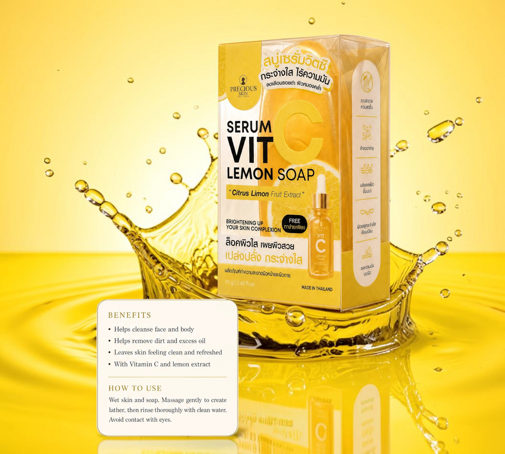 Thai Ranee Precious Skin Serum Vit C Lemon Soap bar in yellow packaging with citrus fruit and serum bottle imagery