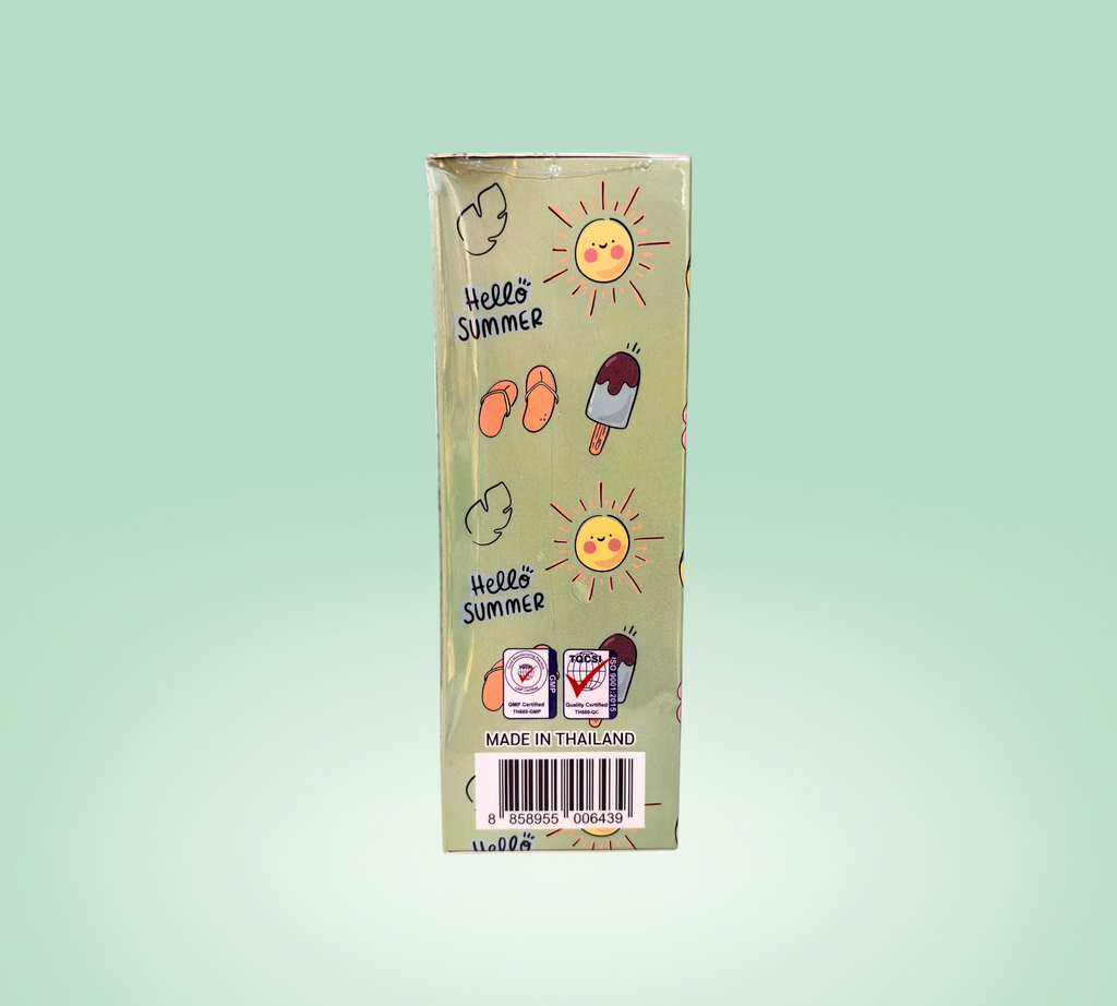 Thai Ranee Walnut CC Body Sunscreen packaging with Hello Summer illustrations of suns, popsicles, and flip-flops