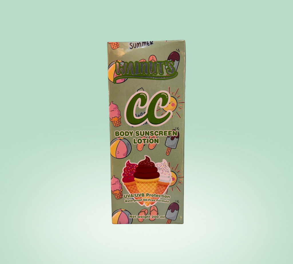 Thai Ranee Walnut's CC Body Sunscreen Lotion box with summer-themed ice cream and beach ball illustrations.