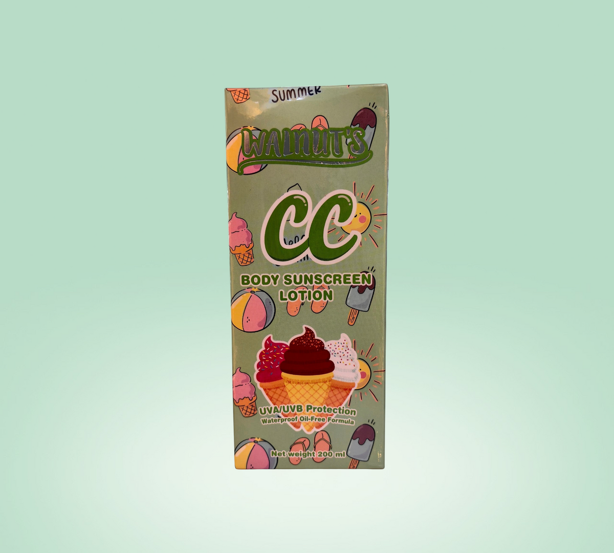 Thai Ranee Walnut's CC Body Sunscreen Lotion box with summer-themed ice cream and beach ball illustrations.