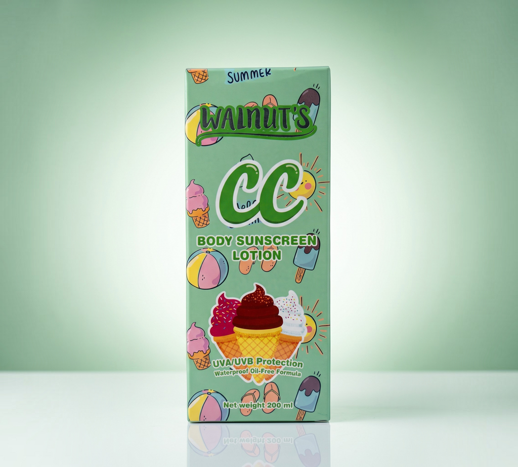 Thai Ranee Walnut's CC Body Sunscreen Lotion in a light green box with playful summer ice cream and beach illustrations.