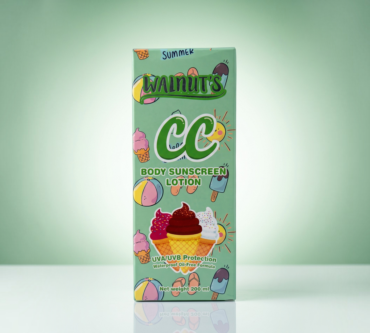 Thai Ranee Walnut's CC Body Sunscreen Lotion in a light green box with playful summer ice cream and beach illustrations.
