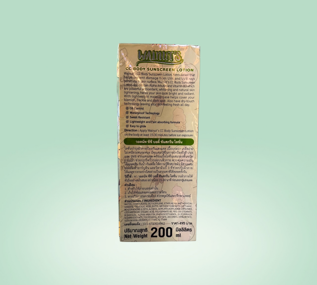 Thai Ranee Walnut's CC Body Sunscreen Lotion 200ml bottle back view with product benefits and ingredients list
