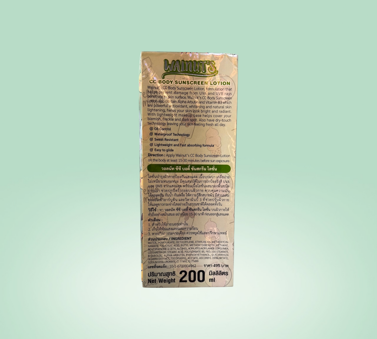 Thai Ranee Walnut's CC Body Sunscreen Lotion 200ml bottle back view with product benefits and ingredients list