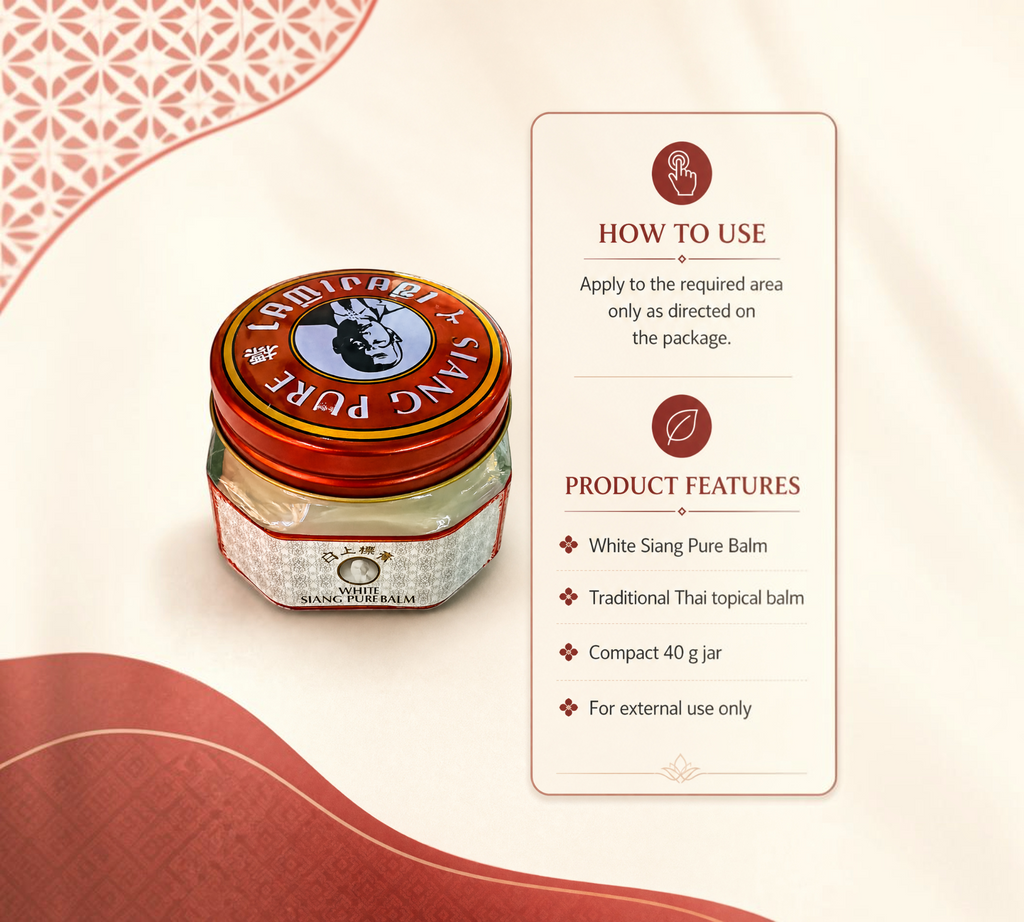Thai Ranee White Siang Pure Balm in a 40g glass jar with a red metallic lid, featuring traditional Thai branding.