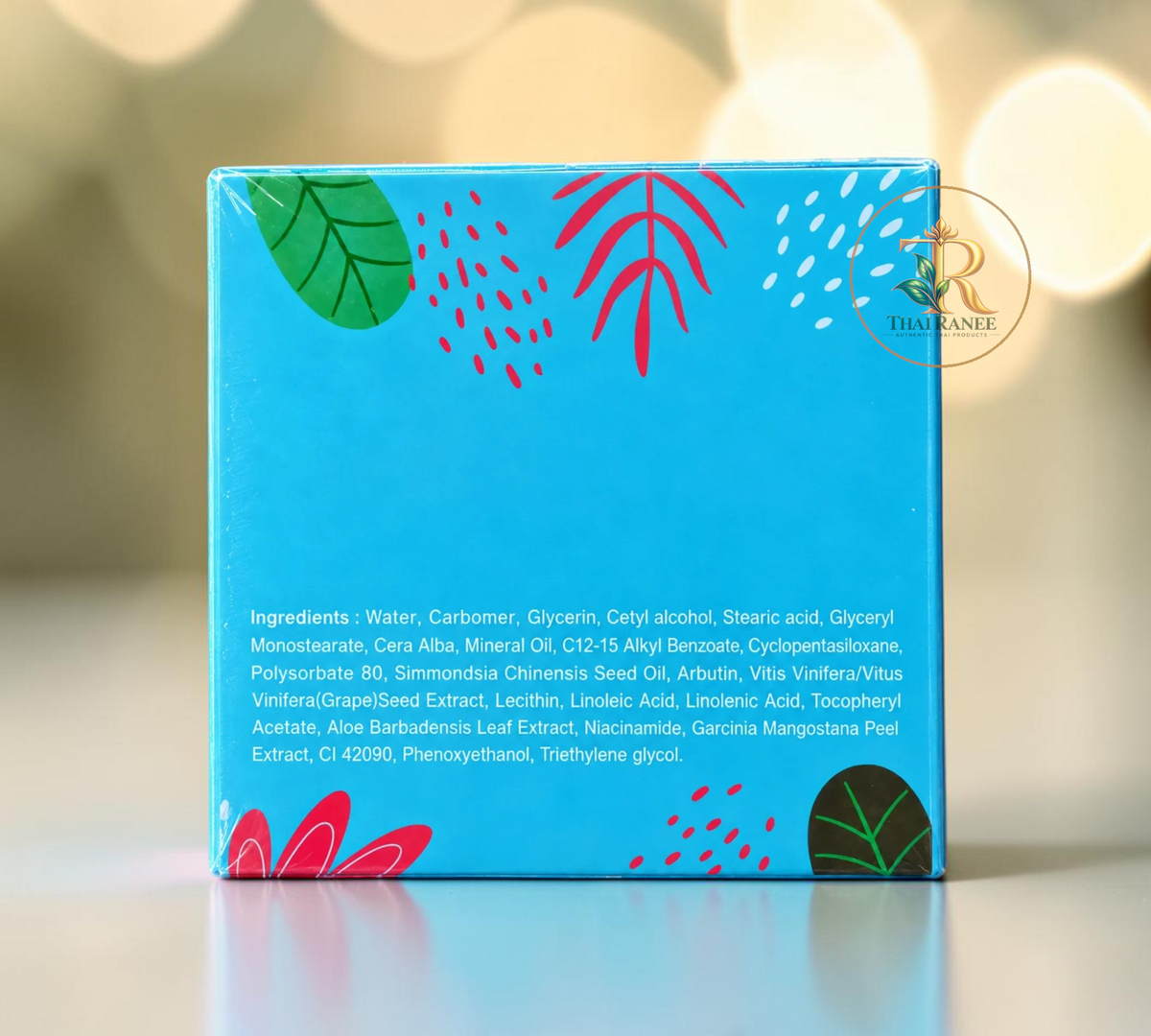 Thai Ranee Pure Skincare Deodorant Whitening Body Cream box back view showing ingredient list on bright blue packaging