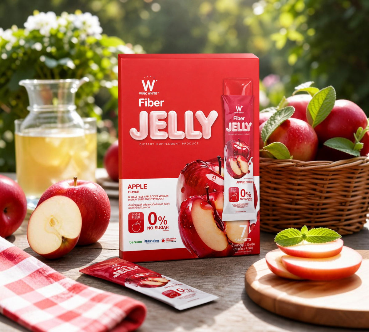 Thai Ranee Wink White Apple Fiber Jelly box and sachet with fresh apples on a wooden table for digestive health.