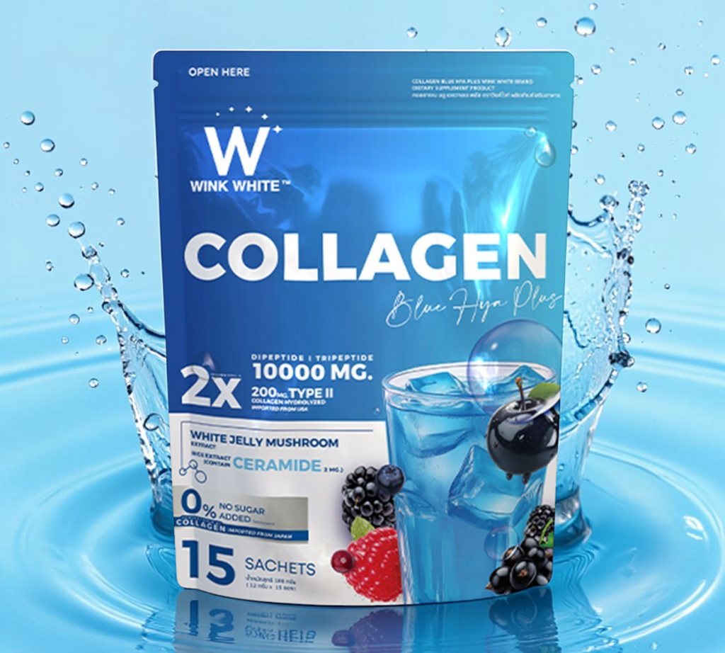 Thai Ranee Wink White Collagen Blue HYA Plus supplement pouch with berry and blue drink imagery