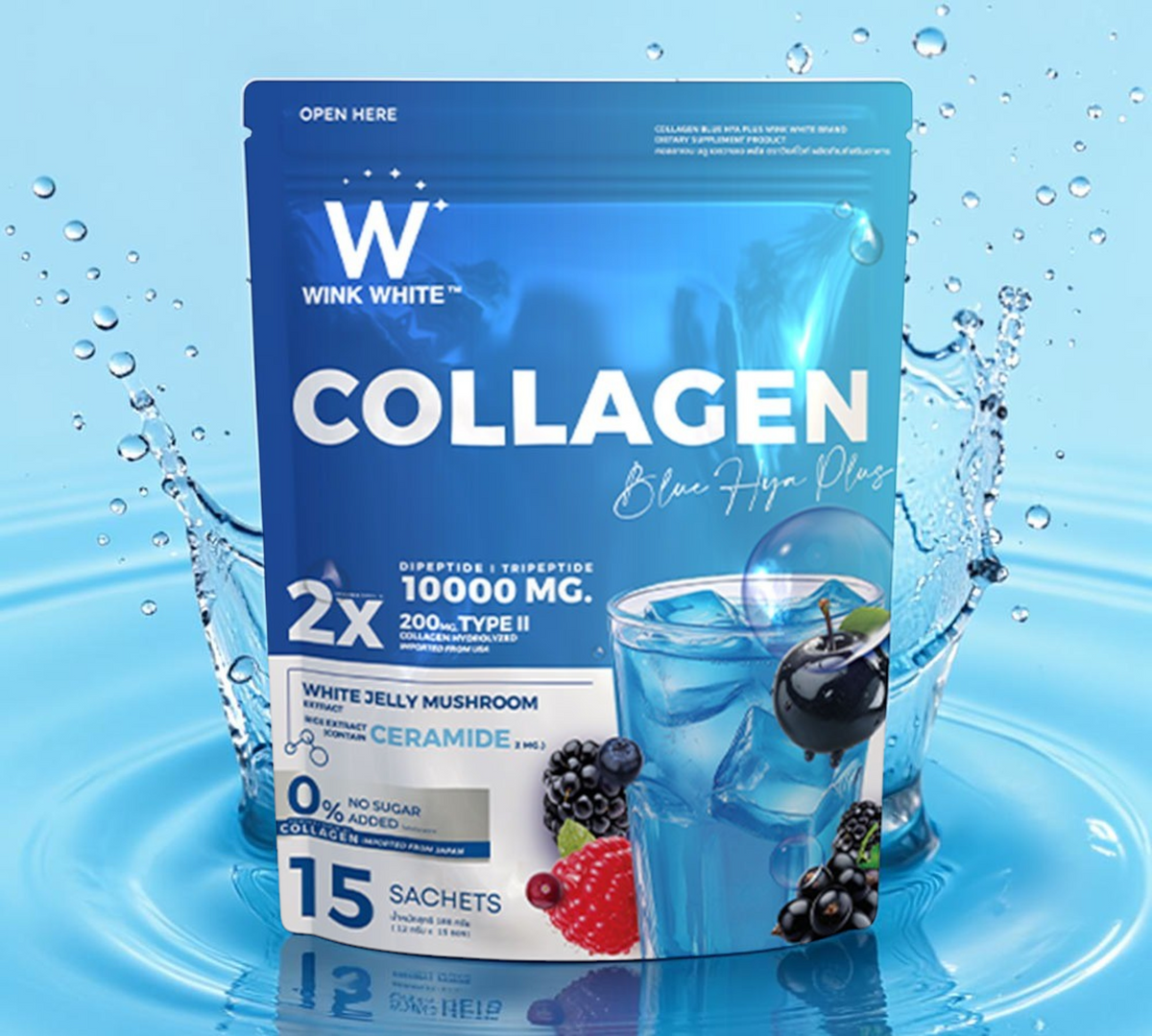 Thai Ranee Wink White Collagen Blue HYA Plus supplement pouch with berry and blue drink imagery