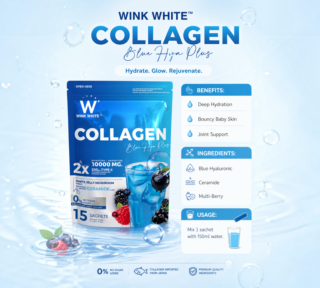 Thai Ranee Wink White Collagen Blue HYA Plus dietary supplement sachet pack with berry and hyaluronic acid benefits