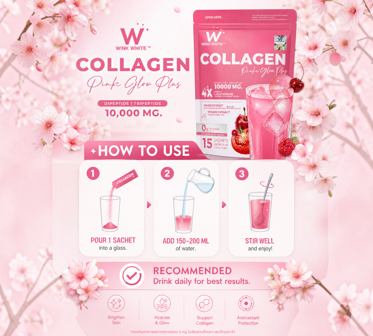 Thai Ranee Wink White Collagen Pink Glow Plus supplement packaging and preparation guide with cherry blossom accents