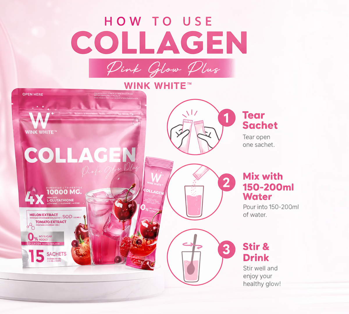 Thai Ranee Wink White Collagen Pink Glow Plus supplement packaging with instructions on a pink background