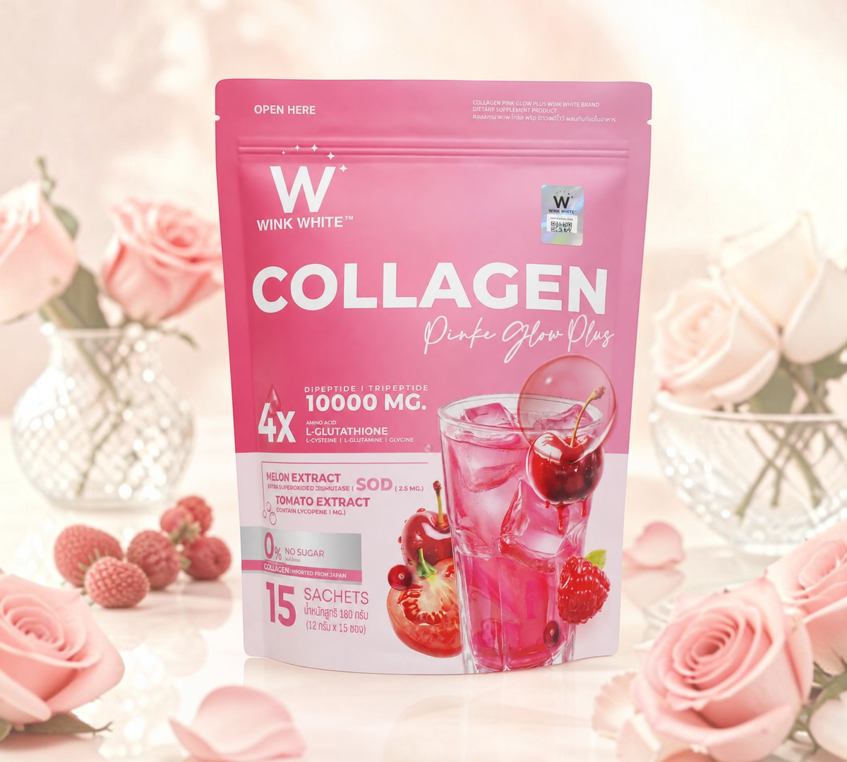 Thai Ranee Wink White Collagen Pink Glow Plus supplement pouch with fruit graphics, surrounded by pink roses.