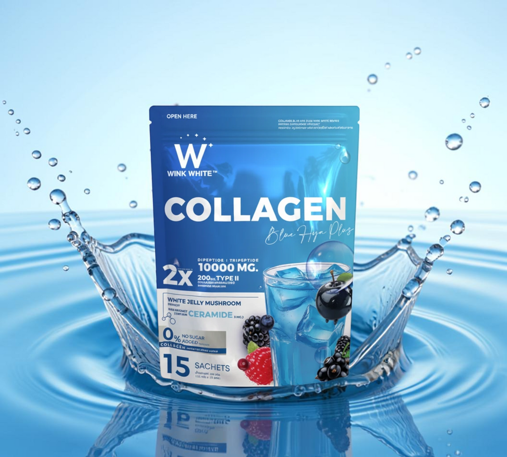 Thai Ranee Wink White Collagen Blue HYA Plus supplement pouch with berry extract and collagen peptides