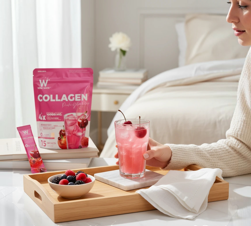 Thai Ranee Wink White Collagen Pink Glow Plus supplement pouch and sachet with a glass of pink fruit drink on a tray