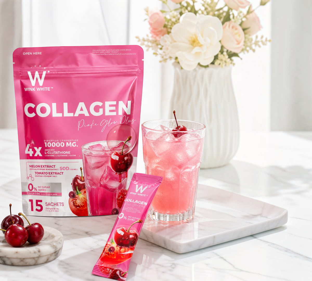 Thai Ranee Wink White Collagen Pink Glow Plus supplement pouch and sachet next to a glass of pink cherry drink.