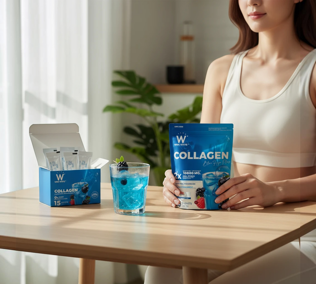 Thai Ranee Wink White Collagen Blue HYA Plus supplement pouch and sachet box with a glass of blue berry drink