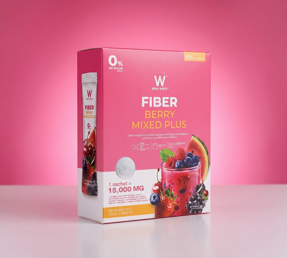 Thai Ranee WINK WHITE Fiber Berry Mixed Plus dietary supplement box with berry and watermelon imagery on pink background