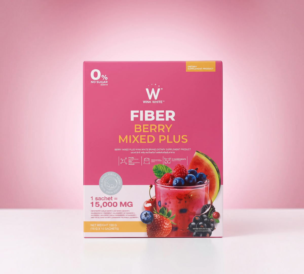 Thai Ranee WINK WHITE Fiber Berry Mixed Plus dietary supplement box with watermelon and berry drink illustration.