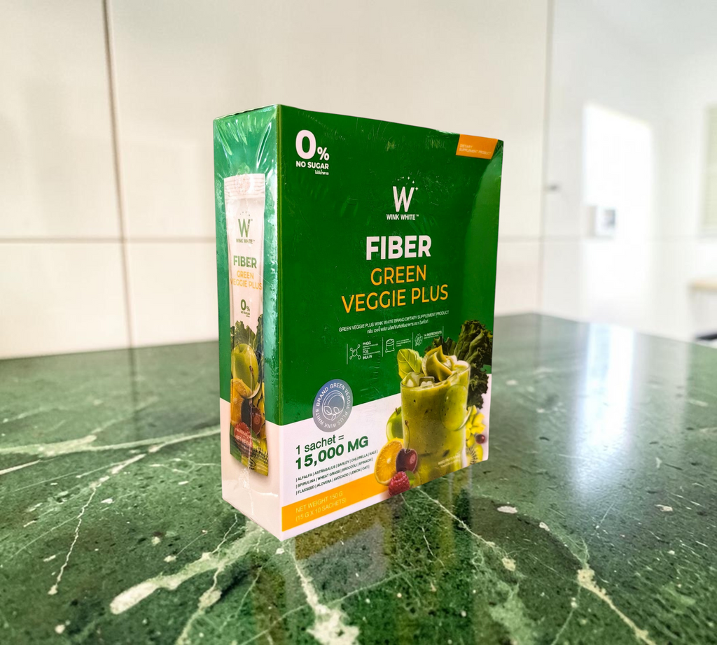 Thai Ranee WINK WHITE Fiber Green Veggie Plus dietary supplement box with 10 sachets for digestive health support.