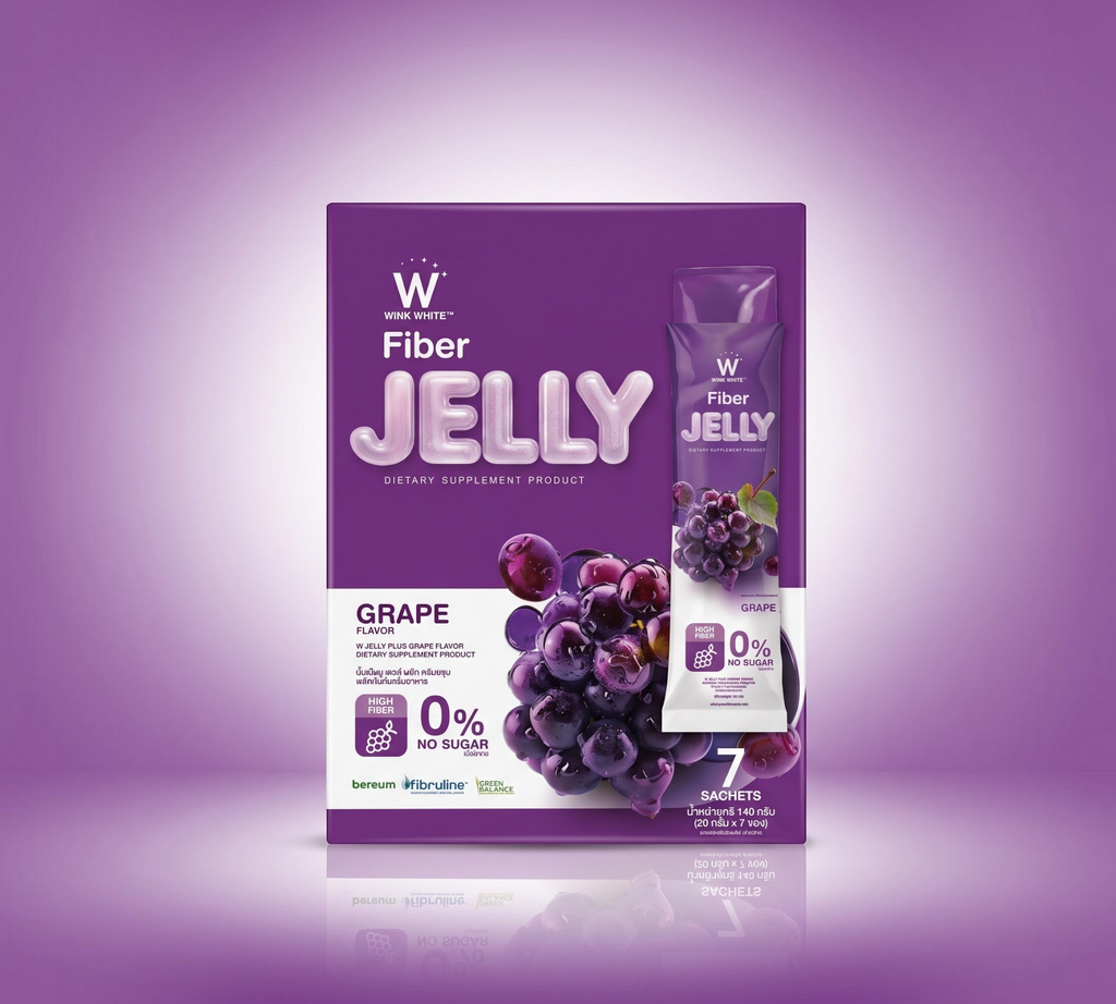 Thai Ranee WINK WHITE Fiber Jelly grape flavoured dietary supplement box and sachet with 0% sugar and high fiber.
