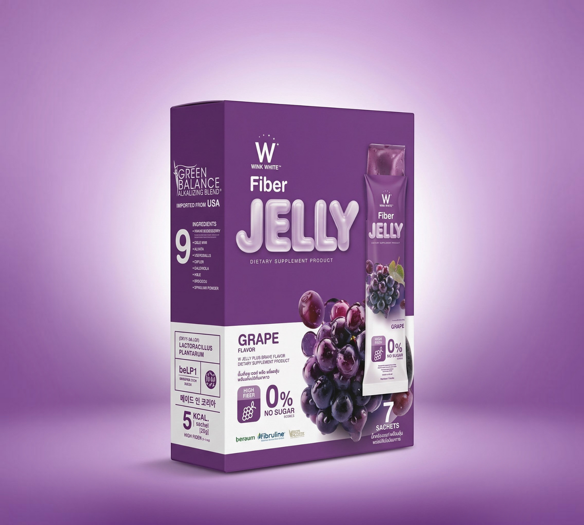 Thai Ranee WINK WHITE Fiber Jelly grape flavoured dietary supplement box and sachet with fresh grapes on purple background