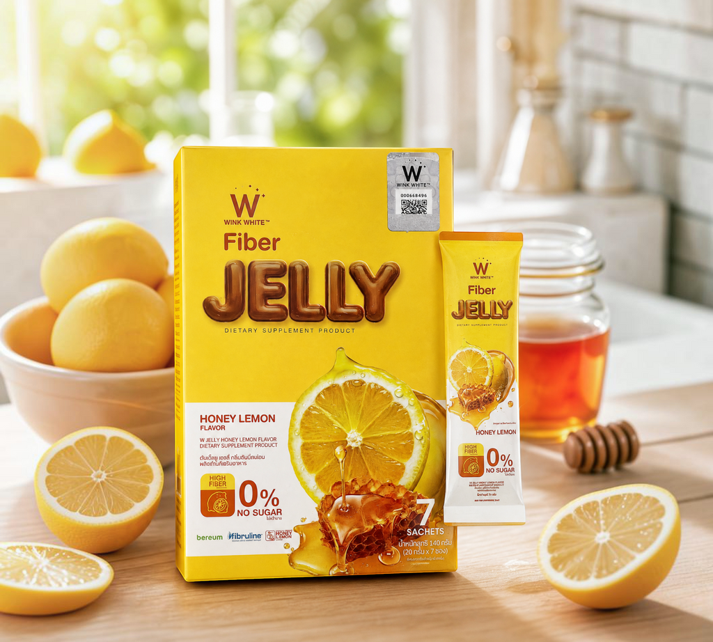 Thai Ranee WINK WHITE Honey Lemon Fiber Jelly supplement box and sachet with fresh lemons and honey on a wooden table.