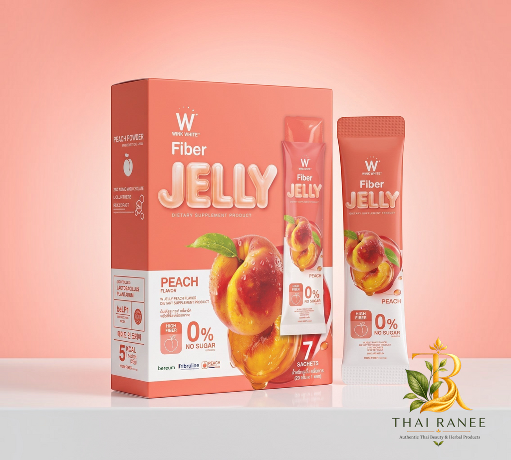 Thai Ranee WINK WHITE peach fiber jelly supplement box and sachet with fresh peach imagery on a soft pink background
