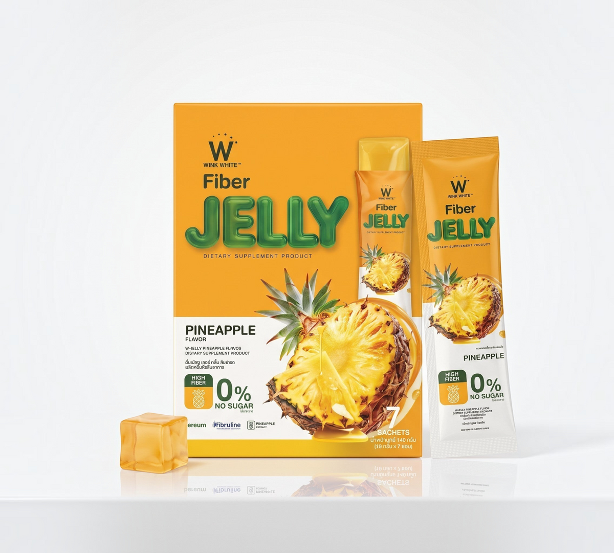 Thai Ranee WINK WHITE pineapple fiber jelly supplement box and sachets with fresh pineapple slices on white background