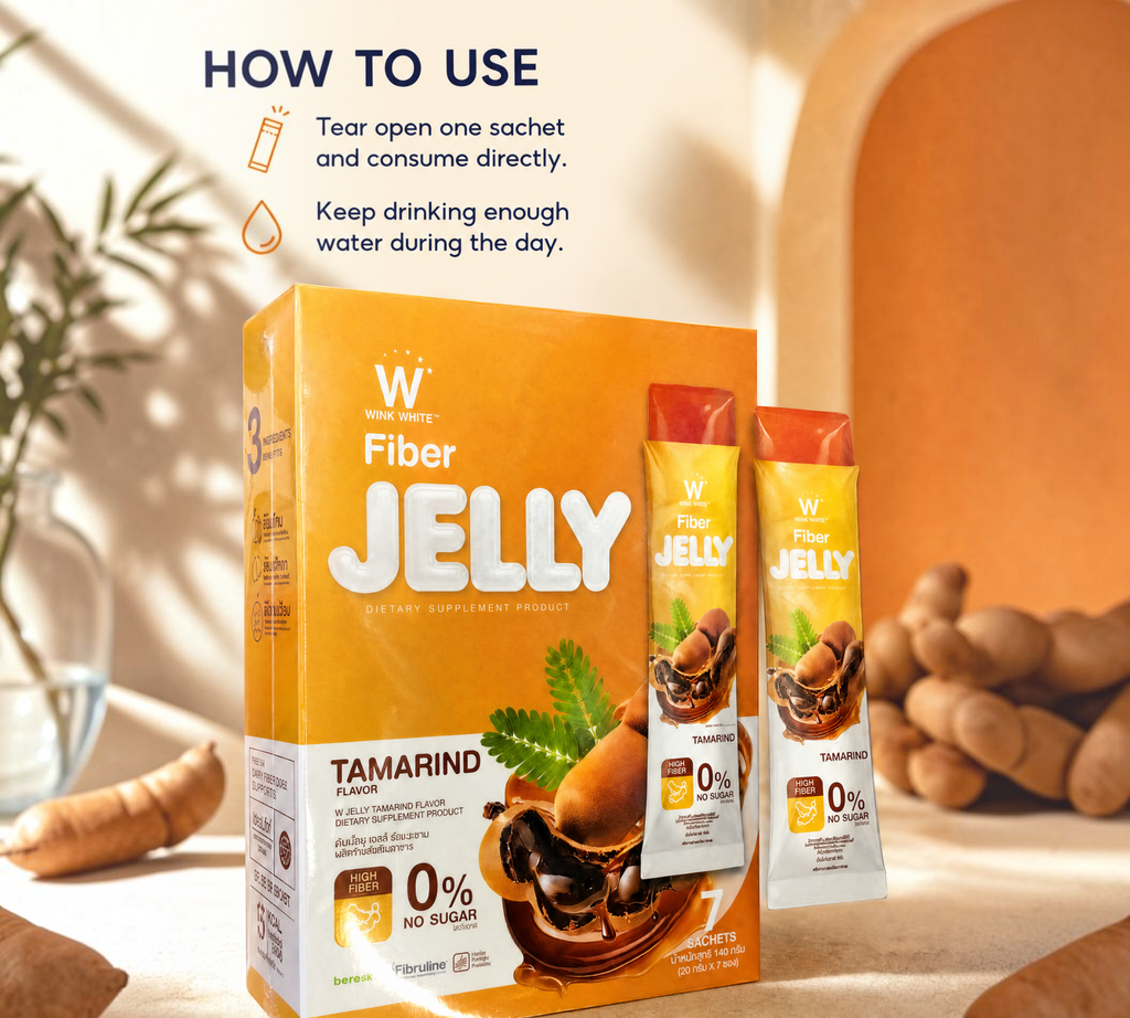Thai Ranee WINK WHITE tamarind fiber jelly supplement box and sachets with 0% sugar and high fiber benefits