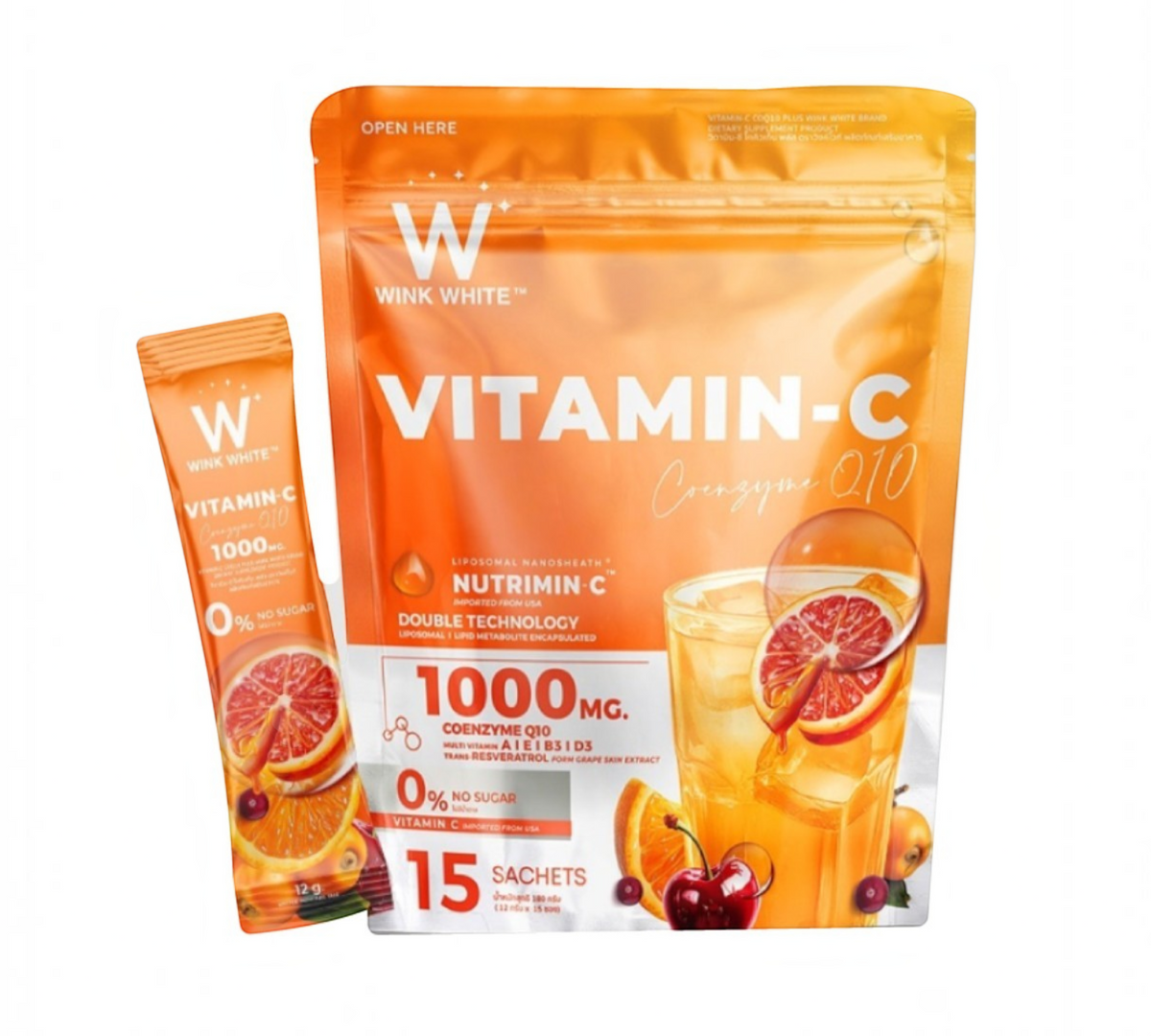 Thai Ranee Wink White Vitamin-C Plus CoQ10 1000mg supplement pouch and single sachet with citrus fruit imagery