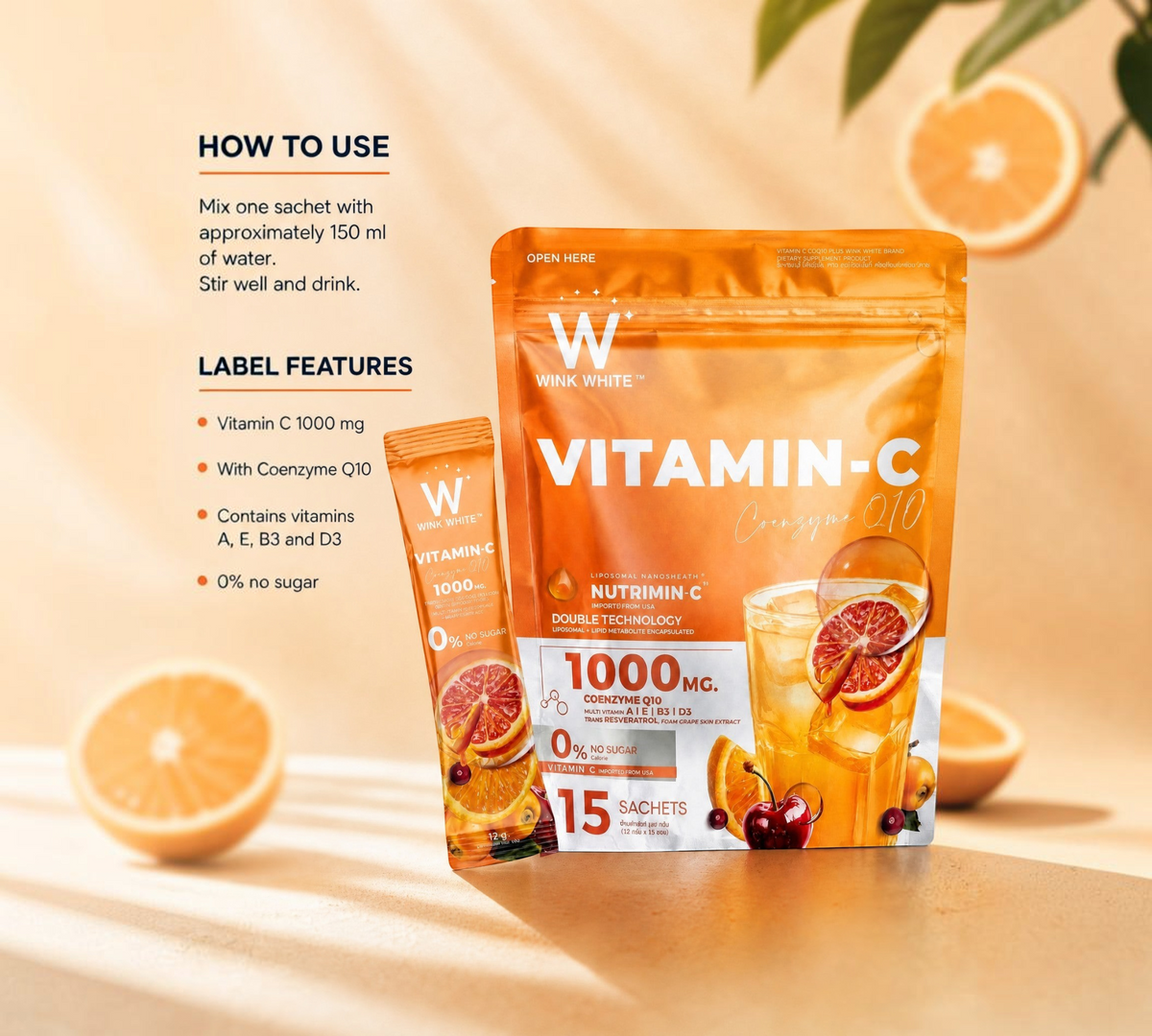 Thai Ranee Wink White Vitamin-C Plus CoQ10 supplement pouch and sachet with orange and cherry fruit imagery
