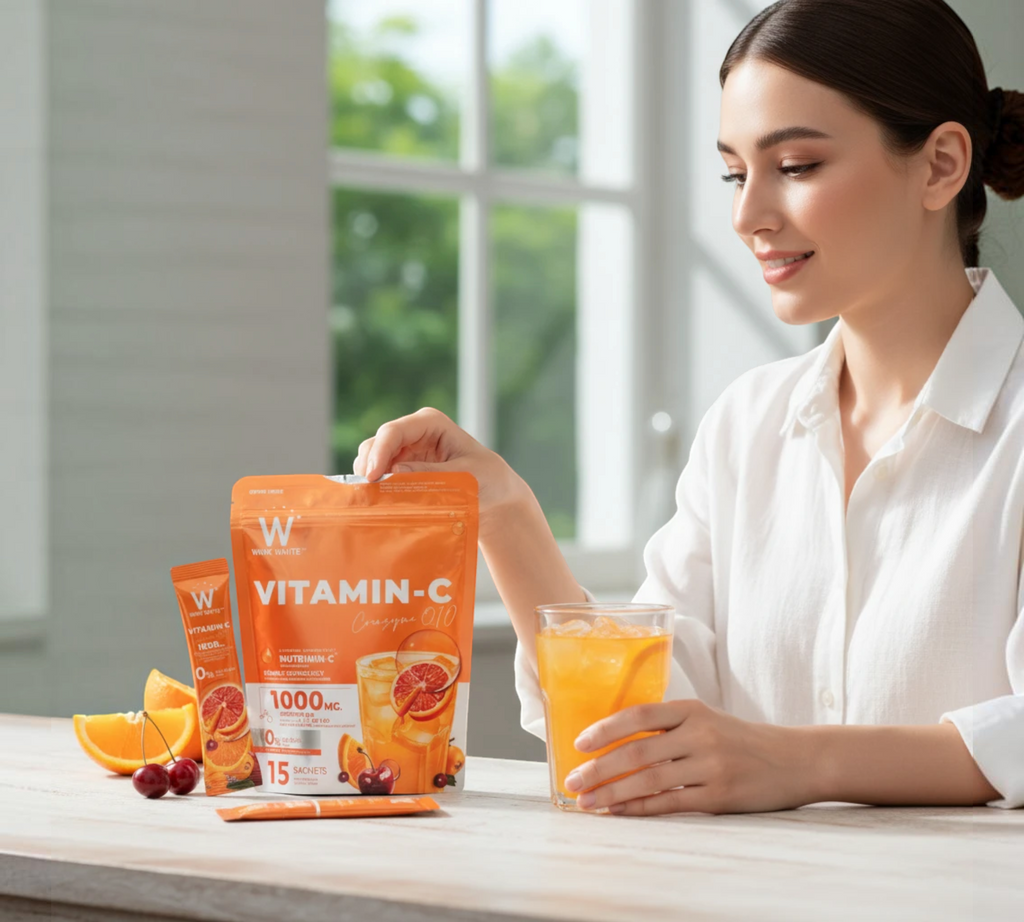 Thai Ranee WINK WHITE Vitamin C powder supplement pouch and sachet with a woman holding a glass of the orange drink