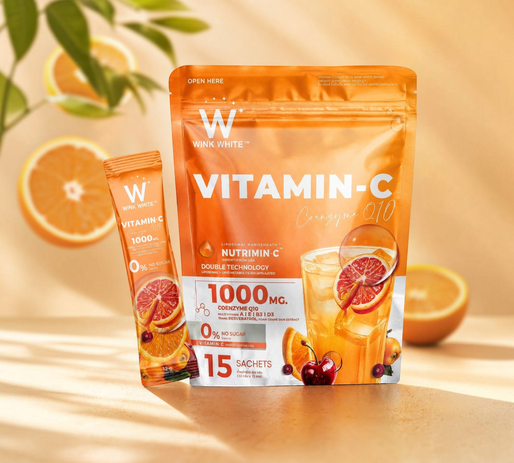 Thai Ranee Wink White Vitamin-C Plus CoQ10 supplement pouch and sachet with orange and cherry imagery